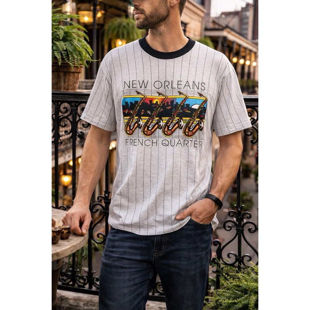 80s 90s New Orleans French Quarter T-Shirt Single Stitch LG Pinstripe Souvenir